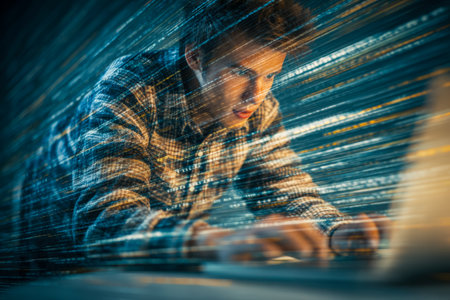 A focused young professional interacts with his sleek workstation amid glowing digital streams, symbolizing cyber protection and data integrity.の写真素材