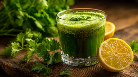 Vibrant green beverage garnished with lemon slices and aromatic herbs, artfully arranged on a rustic wooden backdrop for a fresh, healthy vibe.の写真素材