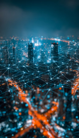 Sleek night view of urban skyscrapers intertwined with glowing digital lines, illustrating connectivity, technology, and futuristic urban life.の写真素材