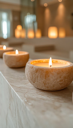 Warm glow from flickering candles rests in rustic stone bowls atop a polished marble table, creating an inviting, intimate atmosphere in a cozy space.の写真素材