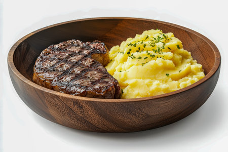 Juicy grilled beef alongside smooth, rich mashed potatoes nestled in a rustic wooden dish, perfect...