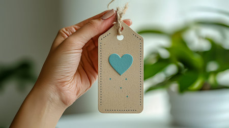 A person's hand gently presents a rustic cardboard tag adorned with a vibrant blue heart and playful dots, set against lush houseplants on a sunny bacの写真素材