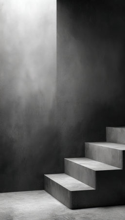 A sleek, geometric staircase crafted from raw concrete ascends alongside an intricate, shadowed wall, emphasizing stark contrast and modern austerity.の写真素材