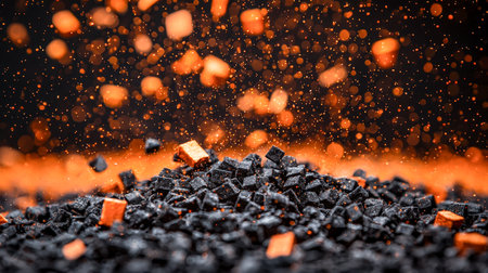 Crimson flames and radiant embers illuminate a bed of smoldering charcoal, with lively sparks ascending into the dark, capturing intense heat and enerの写真素材