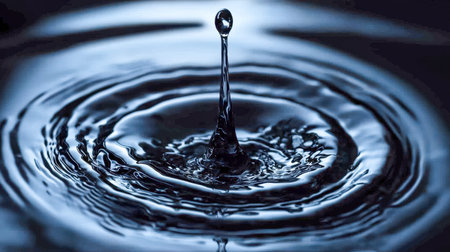 A single droplet impacts the calm water, forming concentric ripples amid a serene, reflective...