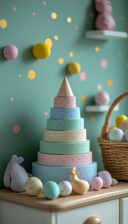 Bright, multi-tiered wooden block set adorned with pastel Easter eggs and cuddly plush toys,...