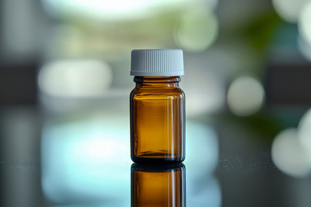 A vintage amber glass container with a secure white lid resting on a glossy surface, evoking a clinical and polished therapeutic mood.の写真素材