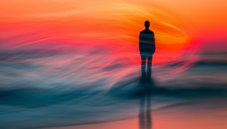 A solitary figure gazes at the vibrant horizon, with crashing waves and a kaleidoscope of colors...