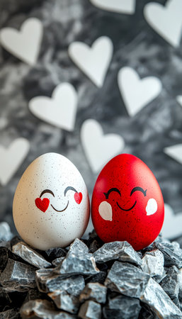 Playful ceramic eggs with cheerful expressions and tiny hearts, set against a romantic backdrop of rocks and a heart-shaped design, perfect for charmiの写真素材