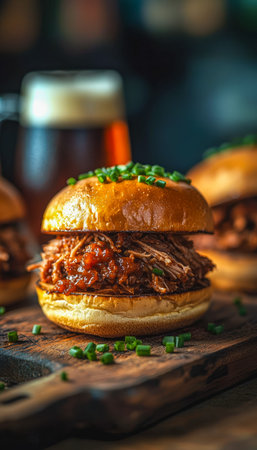 Tender smoked pork piled in a soft bun, topped with fresh green onions, served on rustic wood, with...