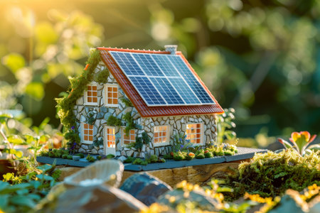 Energy efficient model house with solar panels and greenery on sunny day, sustainability conceptの写真素材