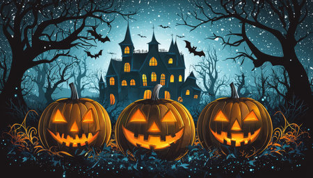 A sinister old fortress looms amidst a misty landscape, adorned with flickering, eerie pumpkins casting haunting glows for a chilling Halloween night.の写真素材