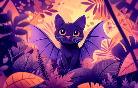 A playful cartoon feline with dark fur and tiny bat wings soars through a vibrant, lush jungle filled with vivid foliage and cheerful tropical animalsの写真素材