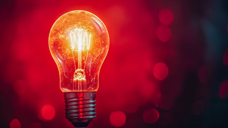 A luminous filament bulb radiates warm light against a vibrant, fiery backdrop, evoking energy,...