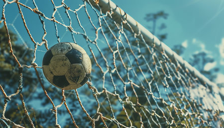 Soccer ball scores a stunning goal with a powerful kick into the back of the netの写真素材