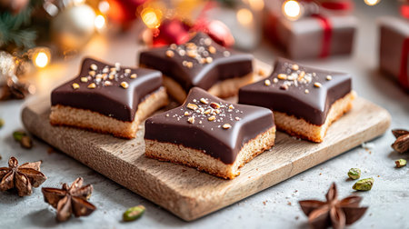 Irresistible chocolate-glazed dessert squares adorned with holiday-themed decorations, presented on...