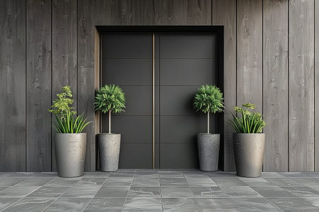 Modern black front door with green potted plants on contemporary office building fa?adeの写真素材