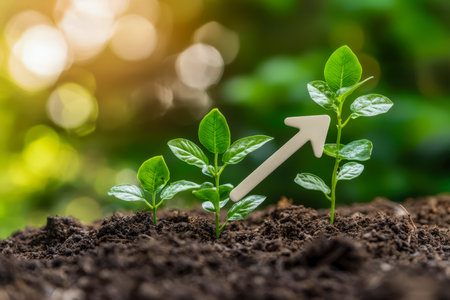 Vibrant young saplings symbolize fresh beginnings and promising progress, set against a clean background with a bold arrow signifying upward momentum.の写真素材