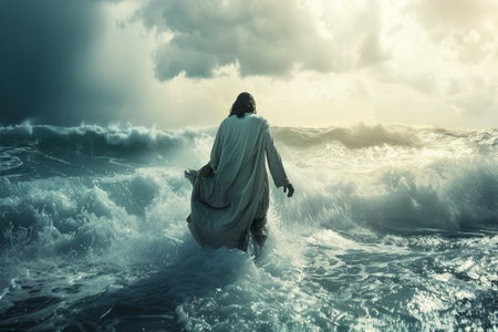 Biblical depiction Jesus walking on water through stormy seas in a miraculous actの写真素材