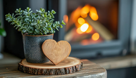 Warm, inviting interior with a lush potted plant and a handcrafted wooden heart, creating a romantic and comforting ambiance by the hearth.の写真素材
