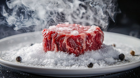 Juicy, seasoned beef steak emits fragrant steam, resting on a plate against a moody dark backdrop, highlighting its raw, fresh appeal.の写真素材