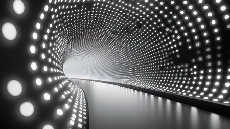 A sleek, high-tech passageway featuring smooth, arching walls adorned with pulsating circular lights that emit a vibrant, otherworldly glow.の写真素材