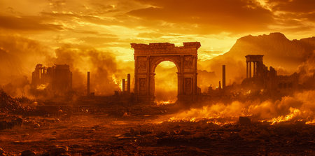 A decayed historic metropolis cast in fiery sunset hues, with jagged ruins and smoky skies creating...