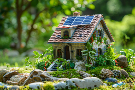 Sustainable model house with solar panels and greenery on a sunny day, promoting eco friendly livingの写真素材