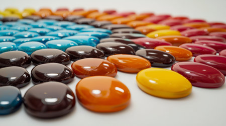 Vivid glass pebbles meticulously set in a geometric design, creating a vibrant mosaic against a...