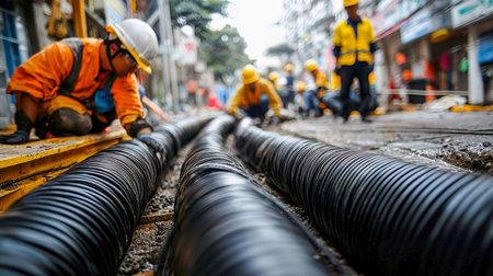 Workers in safety vests and helmets lay electrical lines beneath a bustling urban road, highlighting infrastructure development amidst city activity.の写真素材
