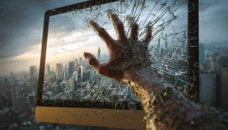 A finger extends beyond fractured glass, blending digital chaos with urban elegance, evoking themes...