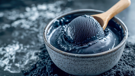 A close-up of a dark, textured background showing a smooth, black facial mask in a ceramic bowl, accompanied by a natural wooden spatula for skincaの写真素材