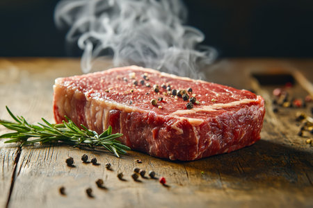 Juicy, red meat accented by whole peppercorns and sprigs of aromatic rosemary, arranged on weathered wood for a rustic culinary presentation.の写真素材
