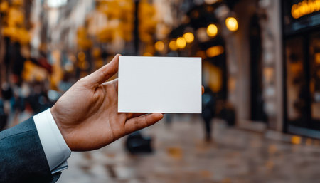A person extends their hand gripping a plain white card amid bustling city streets, blurred urban backdrop suggesting vibrant, modern life.の写真素材