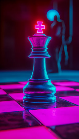 A glowing glass chess king stands against a vibrant backdrop featuring an illuminated question mark and cross, evoking strategic dilemmas and moral inの写真素材