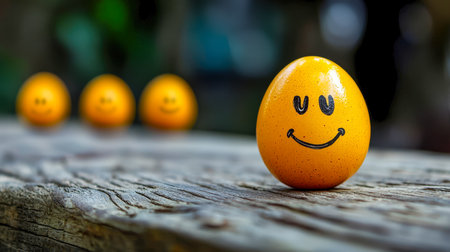 Bright yellow egg with a joyful expression centers a rustic wooden surface, surrounded by three cheerful eggs with smiley faces, evoking warmth and plの写真素材
