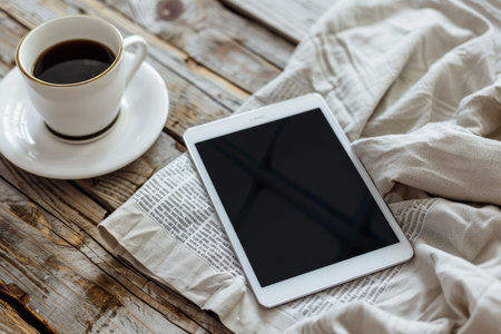 High quality image of a newspaper and tablet placed on a wooden table for a professional setting