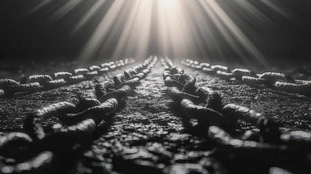 Rusted metal links rest atop a damp surface, illuminated by striking light rays from above, creating...