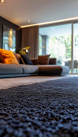 A sleek contemporary space featuring expansive glass doors that flood the room with natural light, complemented by plush seating for relaxing moments.の写真素材