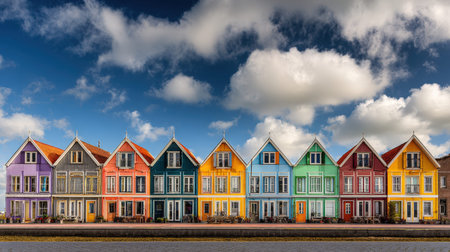 A vibrant sequence of quaint homes in various hues lines a peaceful street beneath a sky scattered with fluffy clouds, evoking cheerful neighborhood cの写真素材