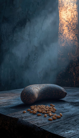 A vintage stone grinder rests on aged wood, with loose grains spread across its surface under dim, atmospheric lighting, evoking traditional craftsmanの写真素材