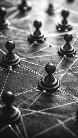 Focused black pawns linked by a digital network on a chessboard, embodying strategic thinking and...