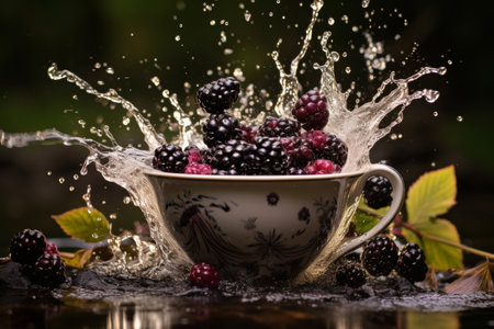 Freshly picked wild berries gently falling into a clear glass bowl filled with sparkling waterの写真素材
