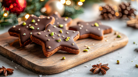 Festive star cookies decorated with glossy chocolate and vibrant pistachio bits, arranged on rustic wood, evoking warm holiday cheer.の写真素材