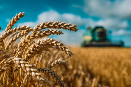 Sunlit wheat heads sway gently in a vibrant field, with a distant harvesting machine under a sky...