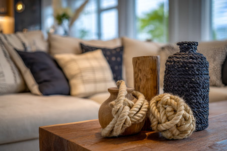 Elegant ceramic containers with textured rope embellishments rest on a rustic wooden surface,...