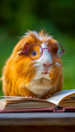 A charming guinea pig sporting tiny glasses enjoys a leisurely read amid lush greenery and blooming flowers, creating a cozy outdoor scene full of warの写真素材