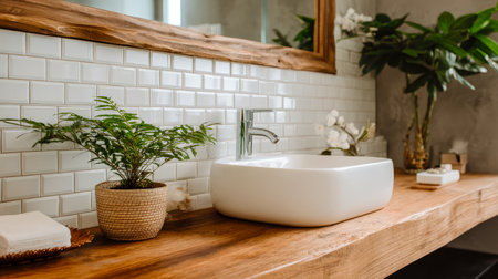 A sleek, contemporary bathroom featuring a bright ceramic basin atop a warm wooden surface, complemented by vibrant plants enhancing the tranquil ambienceの写真素材