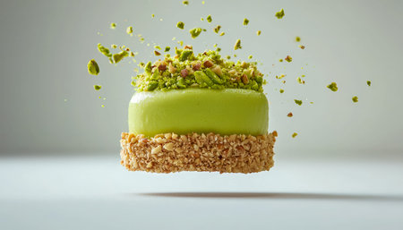 A creamy pistachio and caramel treat artfully garnished with a crunchy nut crumble, inviting...