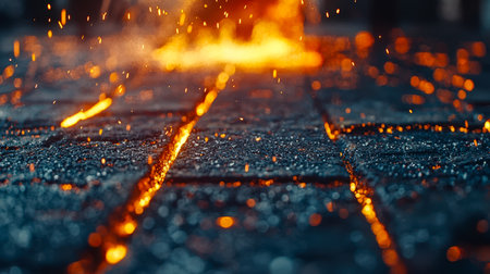 Hot liquid metal streams onto a rugged steel surface, igniting bright sparks and fiery glows, capturing intense industrial craftsmanship.の写真素材
